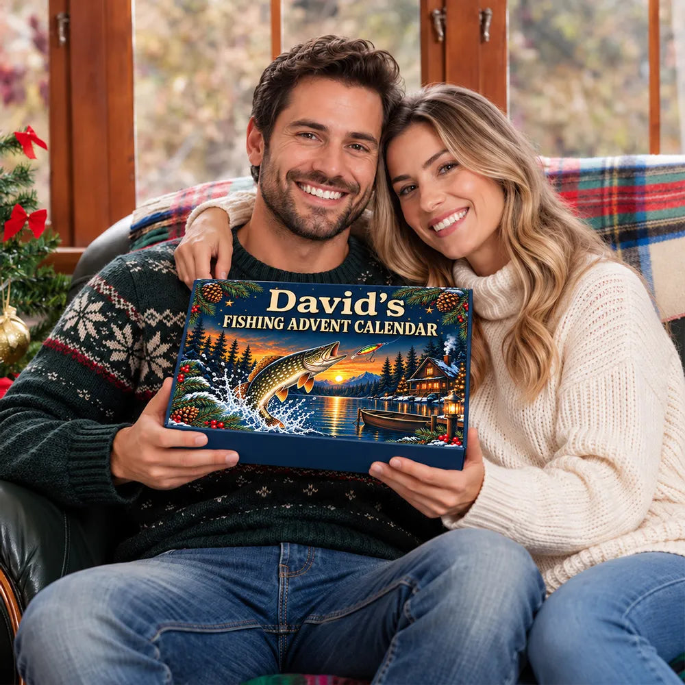 Sunset Fishing Advent Calendar, Personalized Leaping Fish on a Navy Winter Lake, Unique Christmas Gift for Anglers