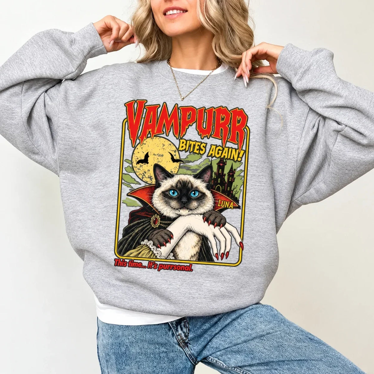 Personalized Cat Sweatshirt, Playful Vampire and Haunted Castle Design, Creative Gift for Friends