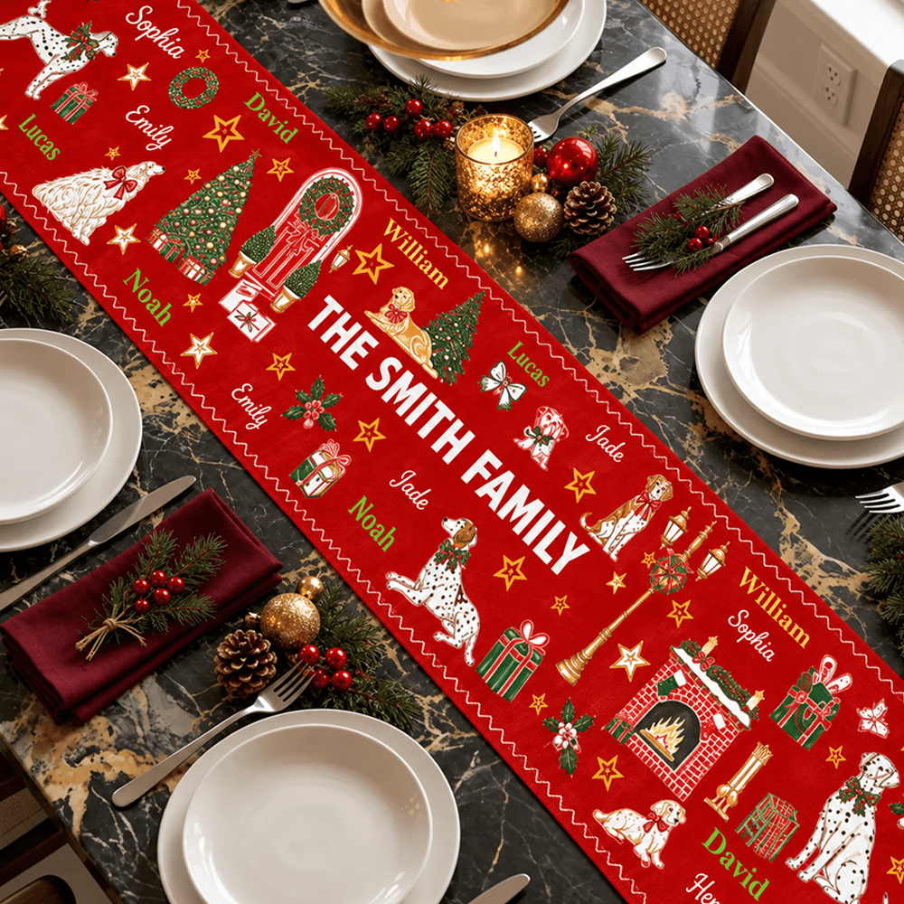 Personalized Festive Dogs Family Christmas Table Runner