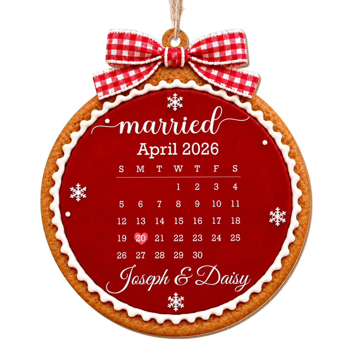 Married Custom Calendar Gingerbread With Red Bow And Snowflakes - Personalized Custom Wood Ornament, Custom Shaped - CPL2232_WDO