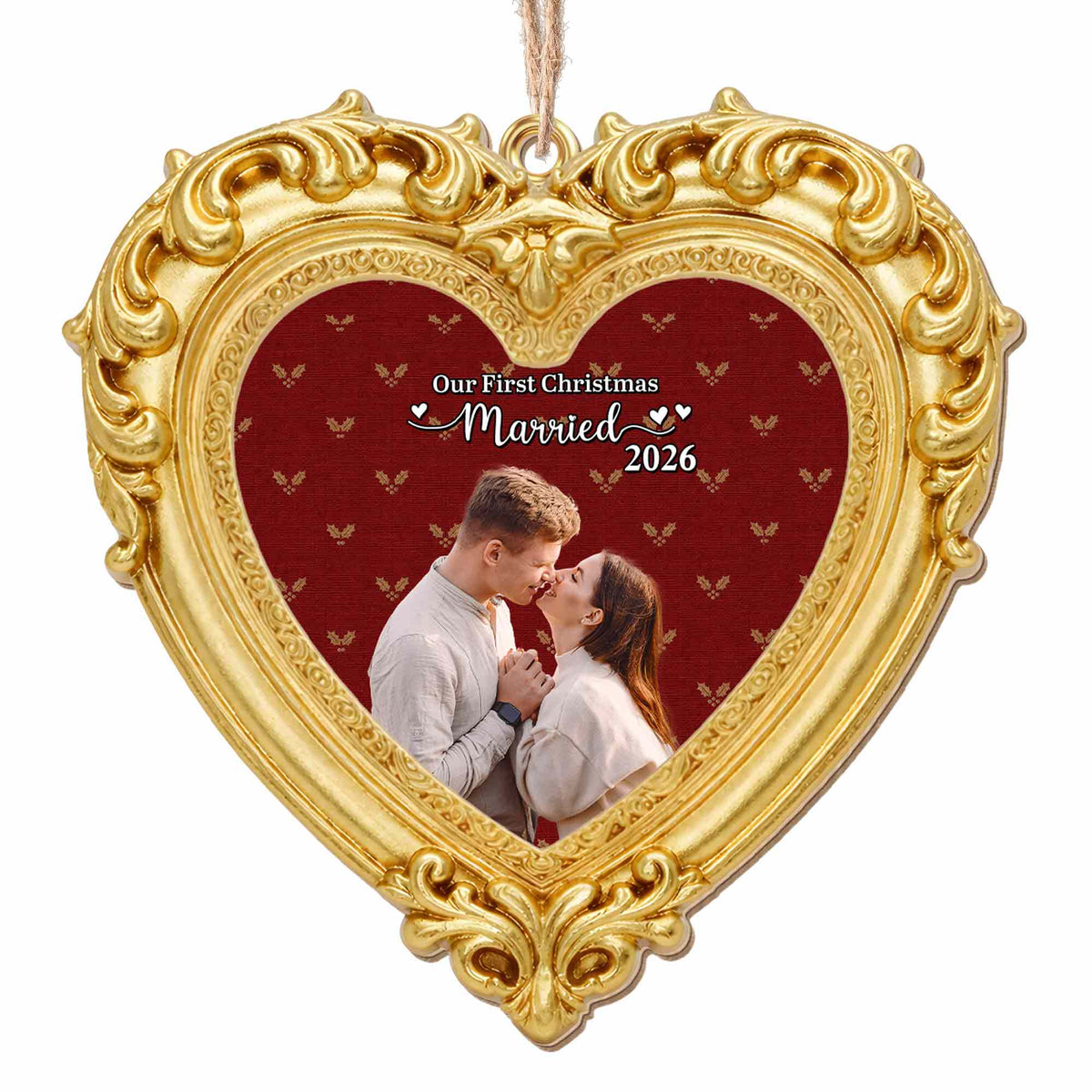 Our First Christmas Married Ornate Gold Heart Photo Frame - Personalized Custom Wood Ornament, Custom Shaped - CPL2248_WDO