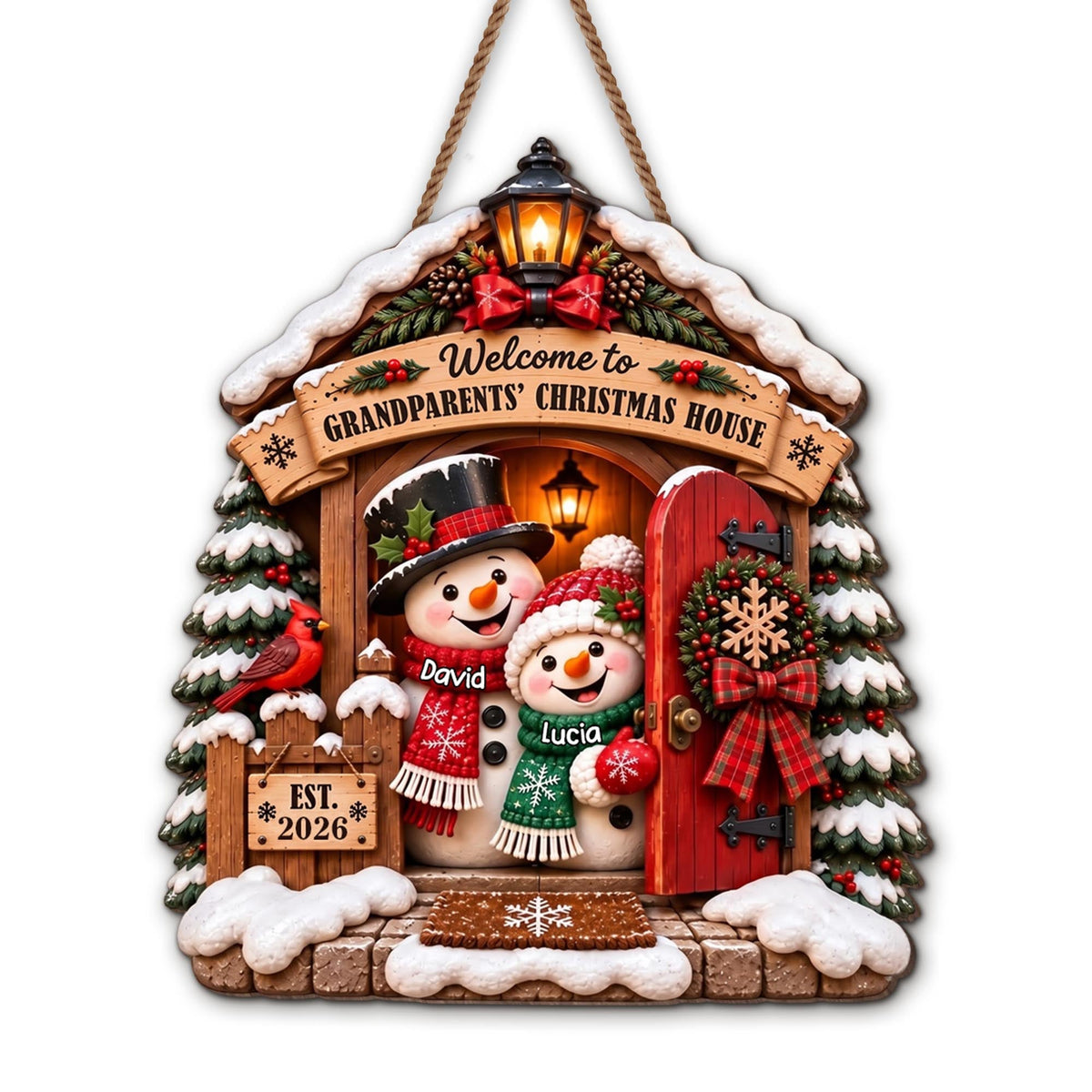 Welcome to Grandparents Christmas House With Snowman And Cardinal - Personalized Custom Shaped Wood Sign - FAM1358_WSIGN