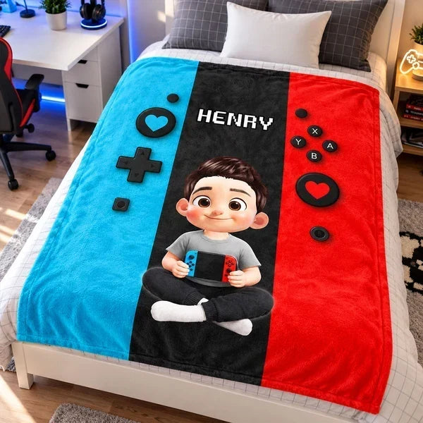 Personalized Fleece Blanket, Young Gamer Holding a Console, Heartfelt Creative Gift for Sons and Grandsons