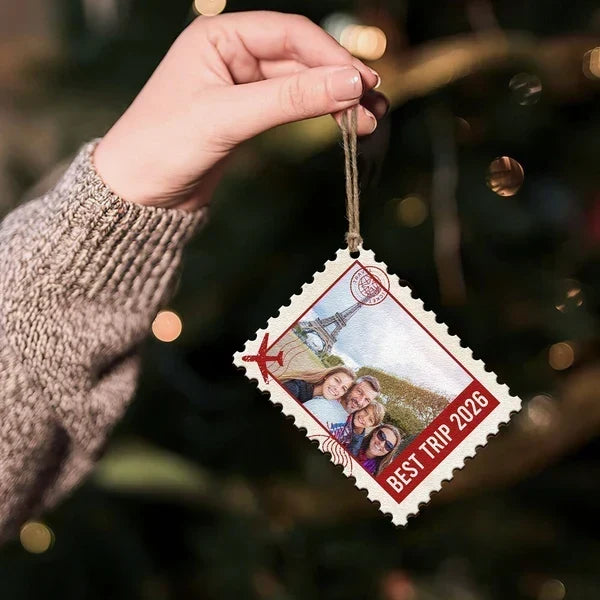 Personalized Wooden Ornament, Postage Stamp Family Travel Photo, Unique Christmas Gift for Family