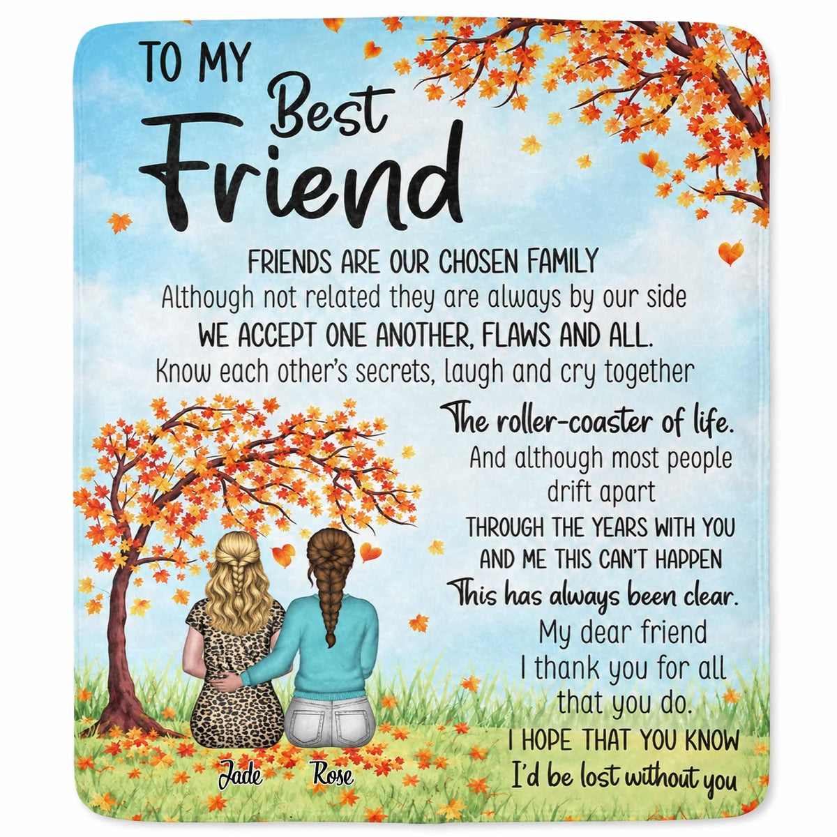 "Friends Are Our Chosen Family" Personalized Best Friend Blanket - Custom Fall Keepsake Gift for Besties