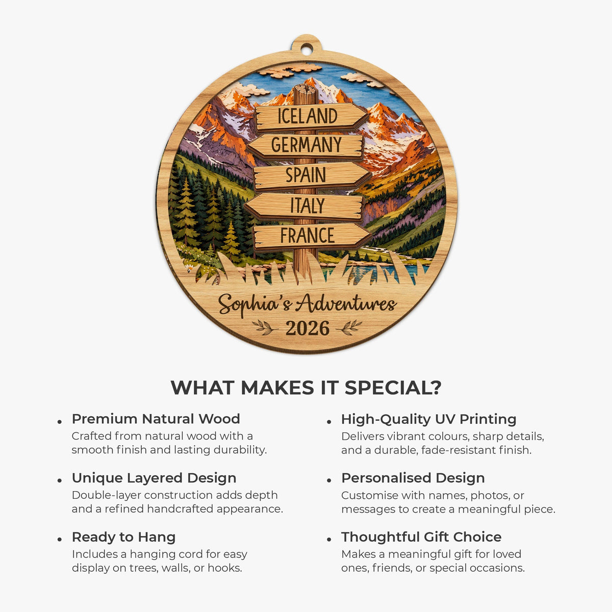 Personalised Gifts for Travel Lovers - Travel Adventure Wood Ornament