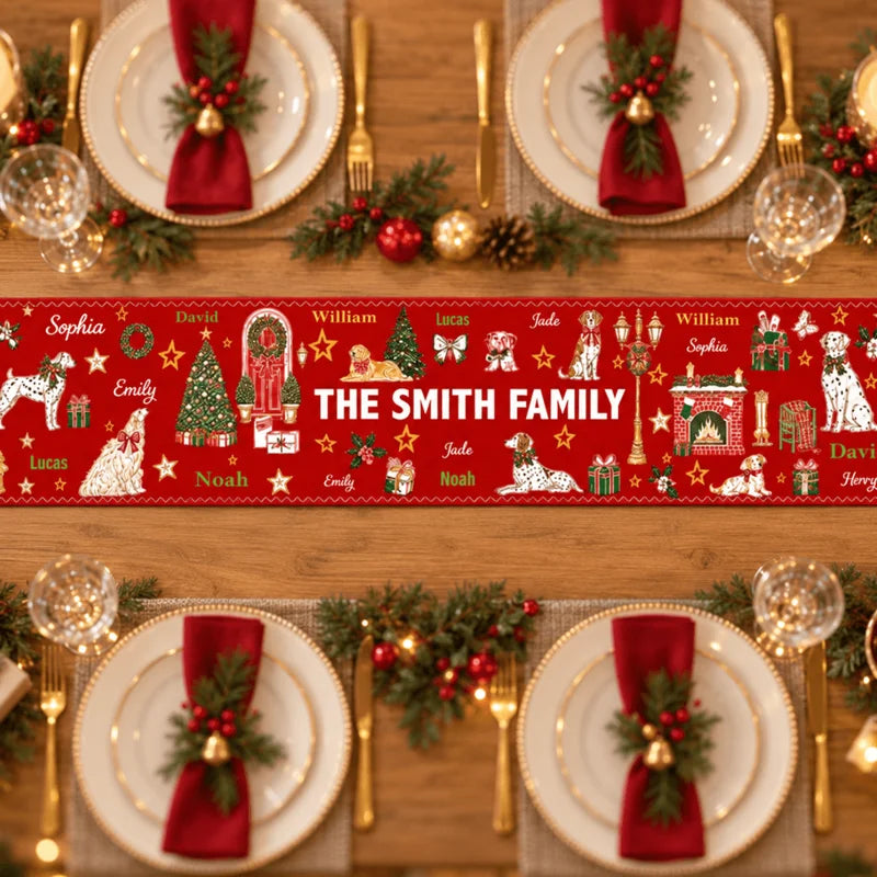 Personalized Festive Dogs Family Christmas Table Runner
