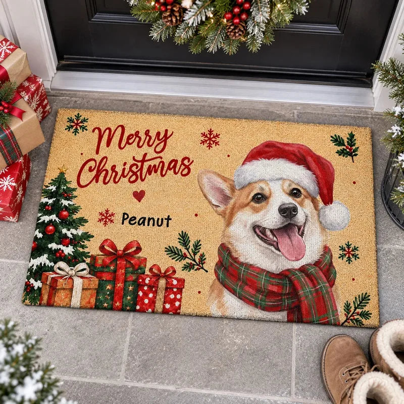 Personalized Watercolor Santa Dog Welcome Doormat