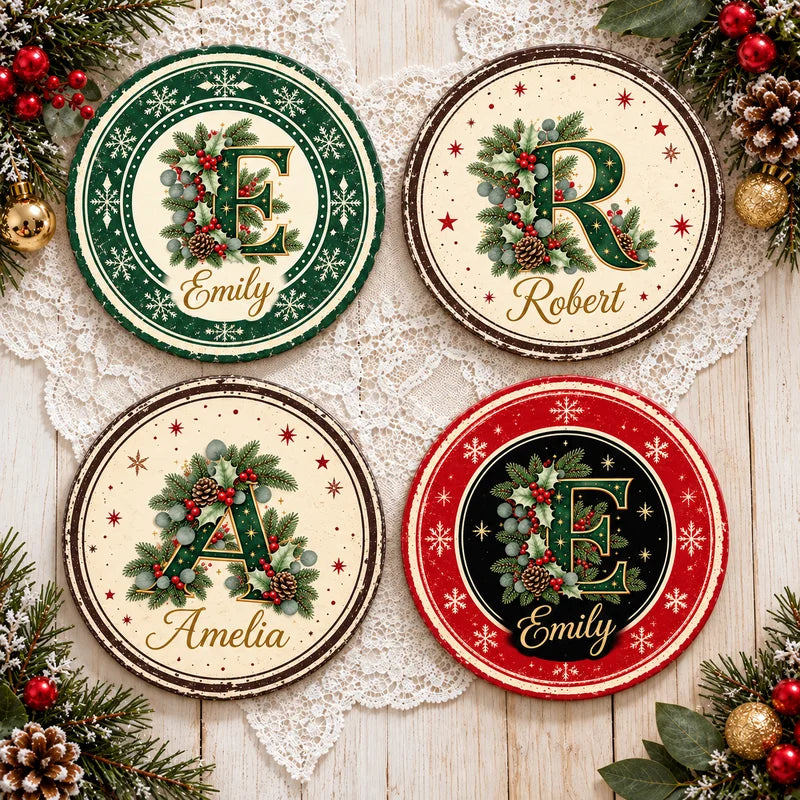 Personalized Vintage Christmas Monogram Ceramic Coaster