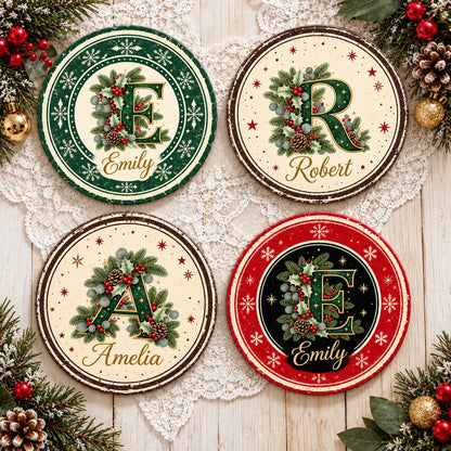 Personalized Vintage Christmas Monogram Ceramic Coaster