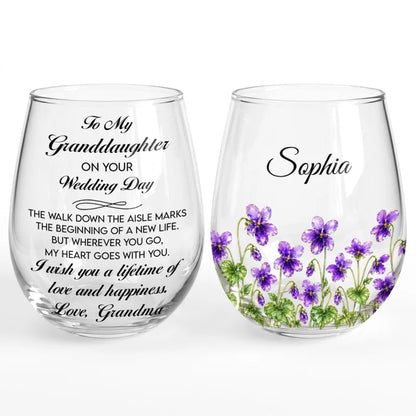 Personalized Wedding Day Granddaughter Flowers Stemless Wine Glass