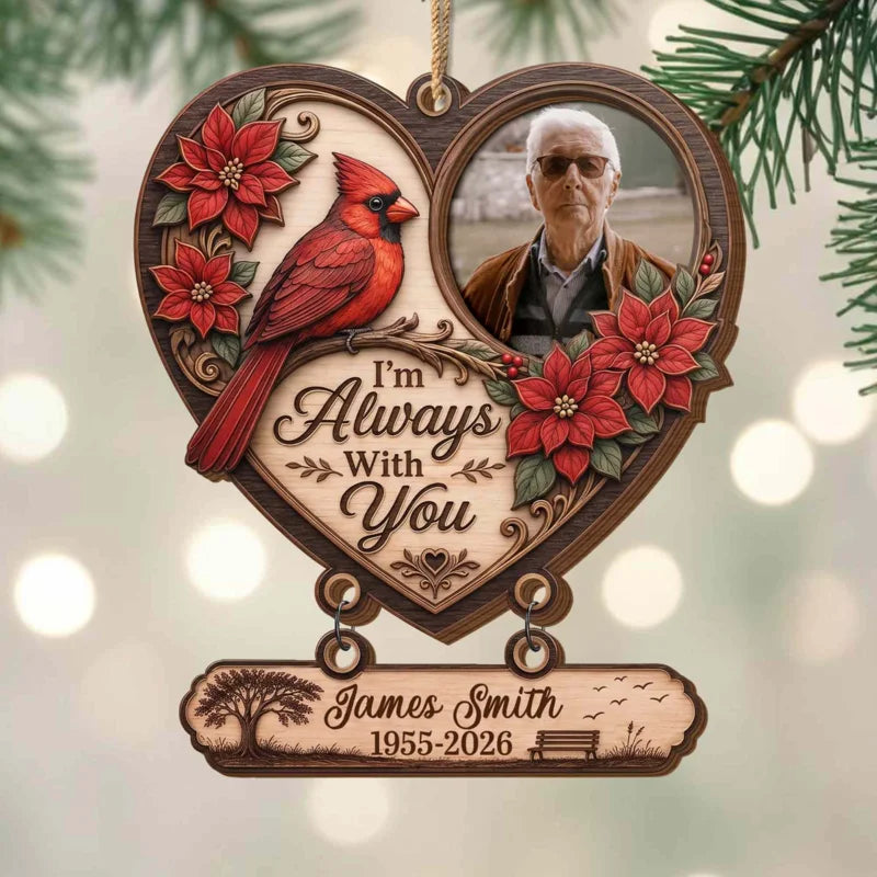 Personalized Cardinal Memorial Photo Heart Wooden Tree Ornament