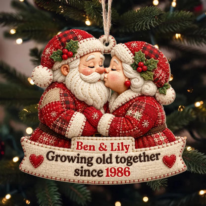 Personalized Growing Old Together Santa Couple Wood Tree Ornament