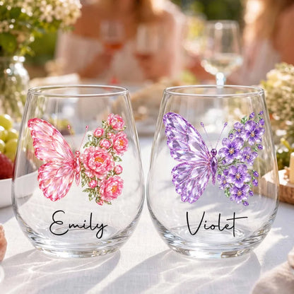 Personalized Birth Month Butterfly Custom Stemless Wine Glass