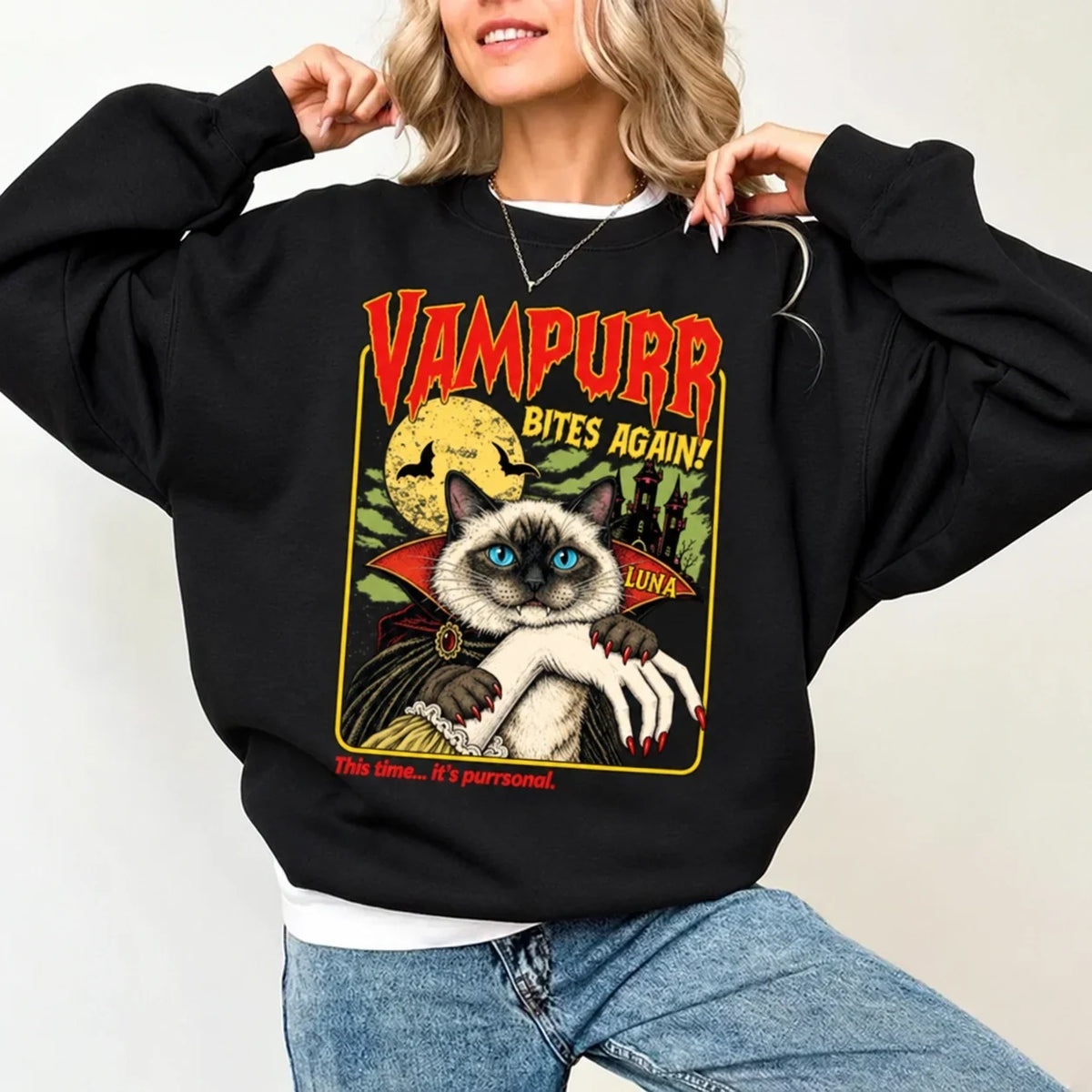 Personalized Cat Sweatshirt, Playful Vampire and Haunted Castle Design, Creative Gift for Friends