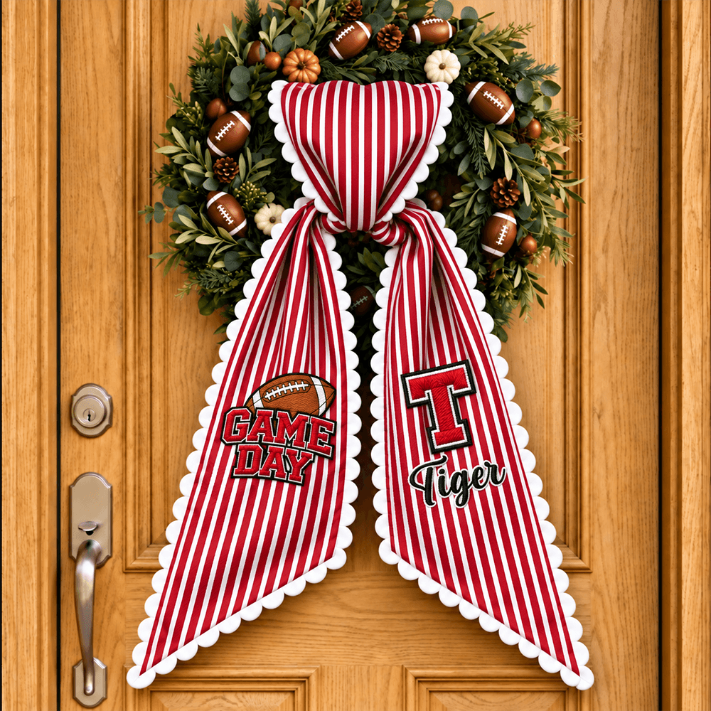 Personalized Embroidered Wreath Sash, Striped Football Game Day Front Door Decor, Unique Gift for Sports Fans