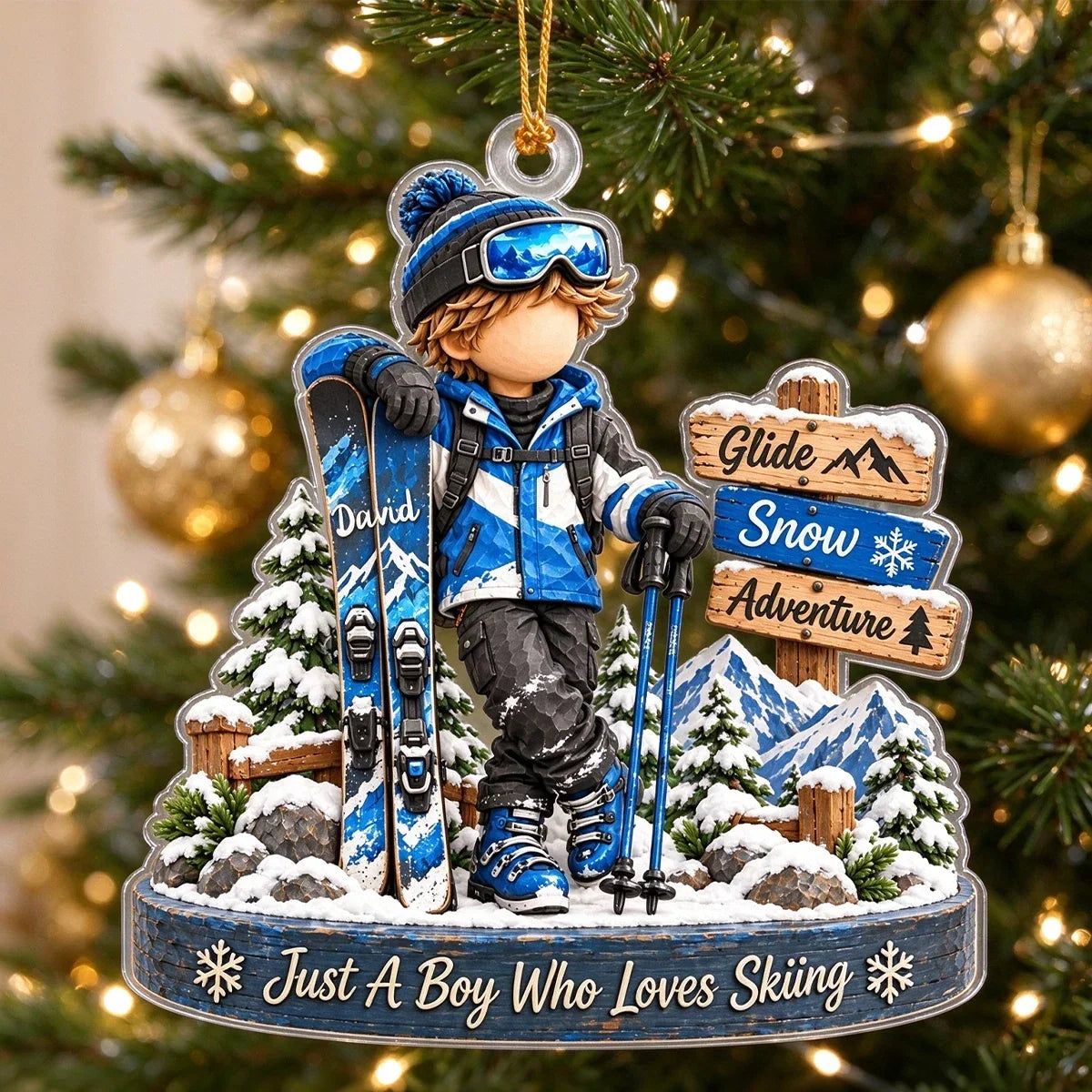 Personalized Skiing Christmas Ornament, Custom Name Boy or Girl Skier in Snowy Mountains, Winter Sports Gift for Ski Lovers