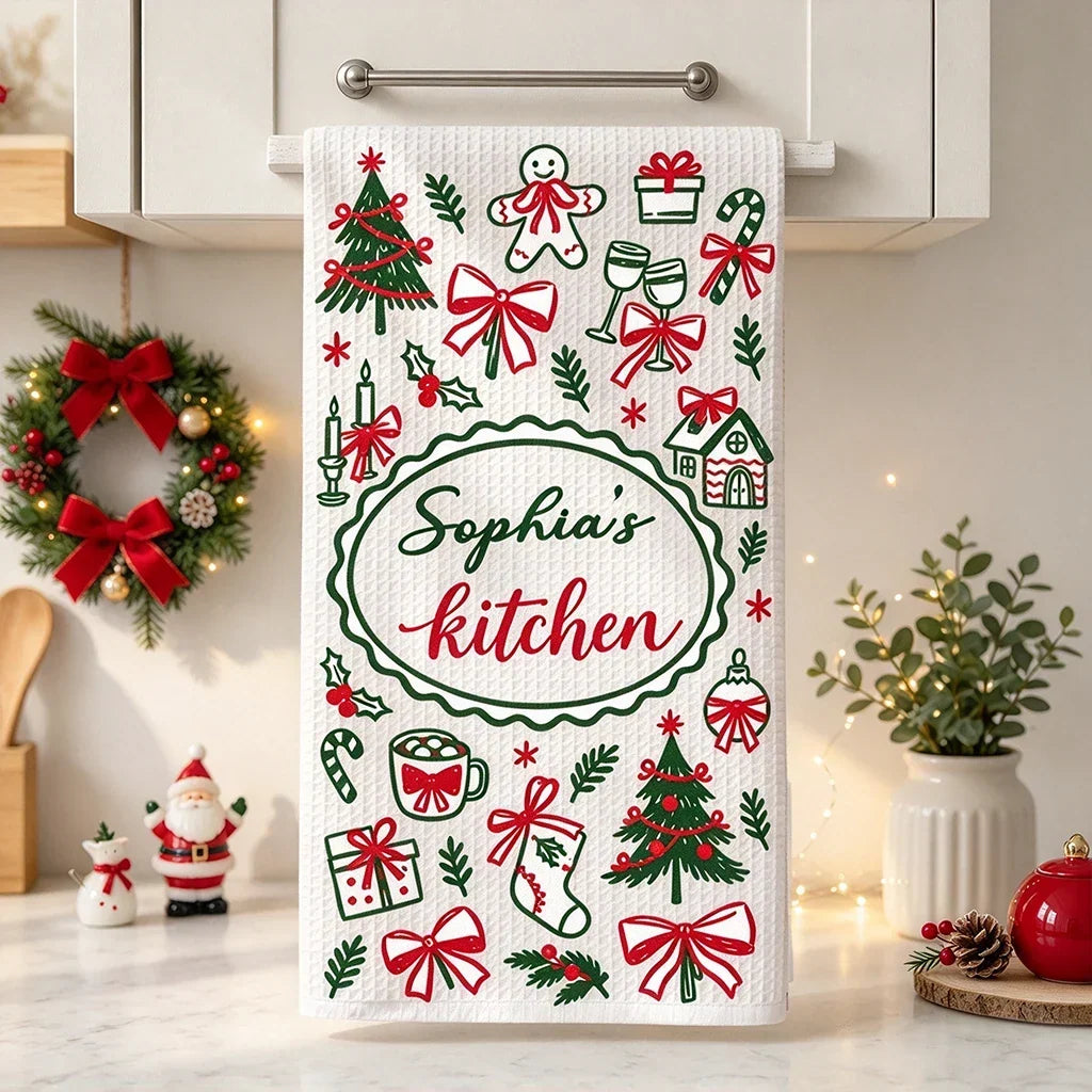 Personalized Red Christmas Kitchen Towel, Festive Baking Design, Unique Gift for Home Cooks