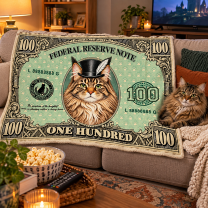 Funny Pet 100 Dollar Bill Throw Blanket | Cat Dog US Dollar Themed Soft Blanket