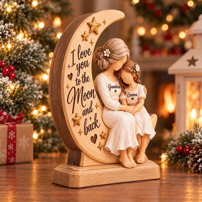 Personalized Thick Wooden Plaque, Grandma Hugging Grandchild, To the Moon and Back, Unique Gift