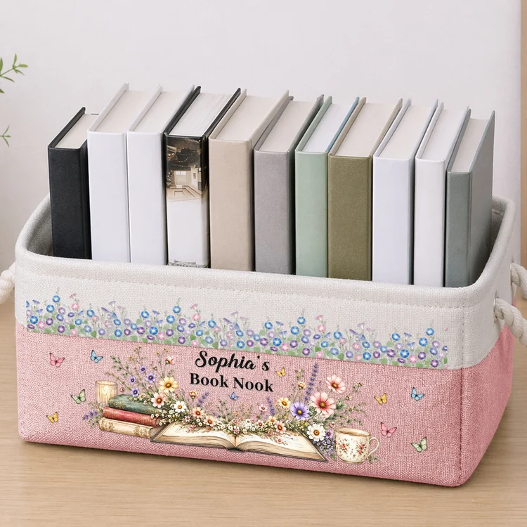 Personalized Rope Basket with Floral Book Nook Art, Pink Reading Corner Storage, Unique Gift for Girls