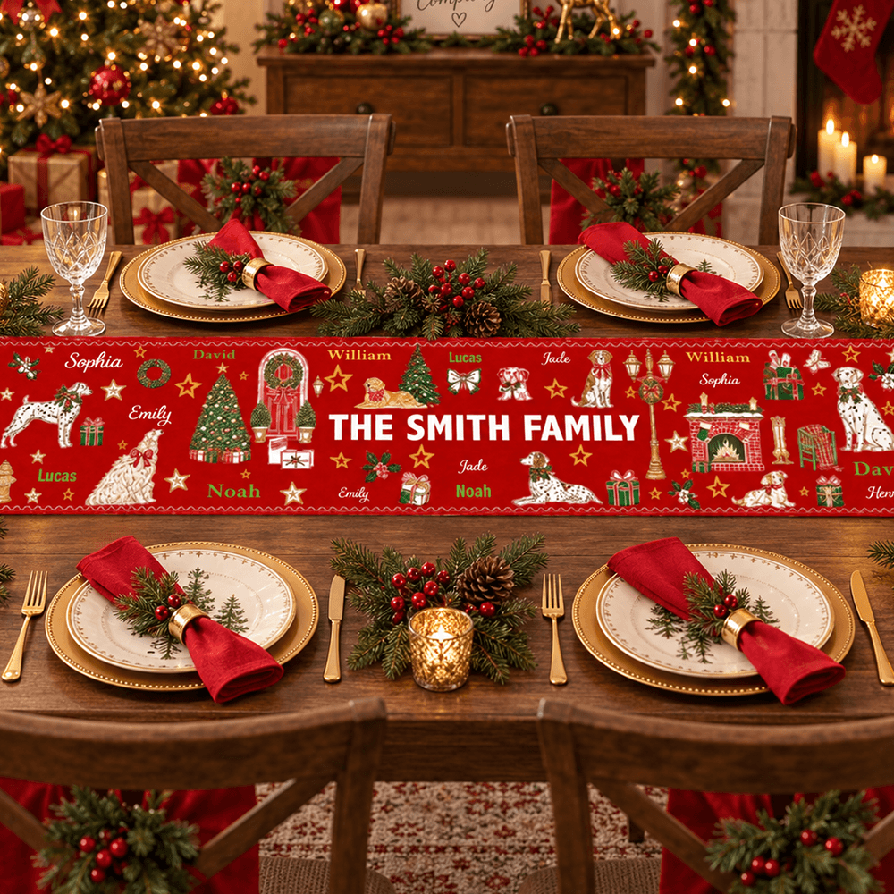 Personalized Festive Dogs Family Christmas Table Runner
