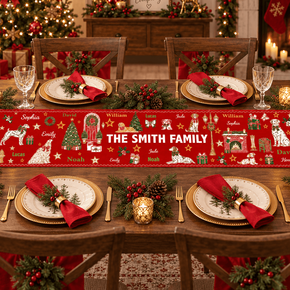 Personalized Festive Dogs Family Christmas Table Runner