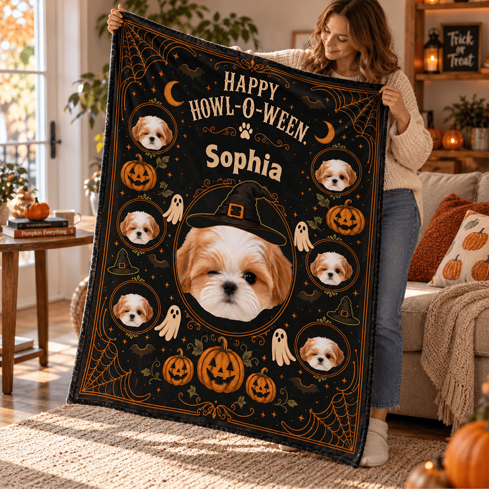 Personalized Halloween Pet Photo Blanket with Name, Witch Hat, Pumpkins & Ghosts, Spooky Cute Gift for Pet Lovers