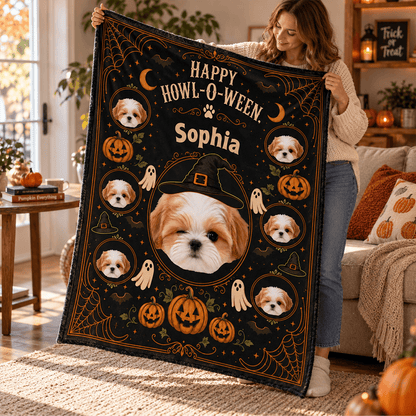 Personalized Halloween Pet Photo Blanket with Name, Witch Hat, Pumpkins & Ghosts, Spooky Cute Gift for Pet Lovers