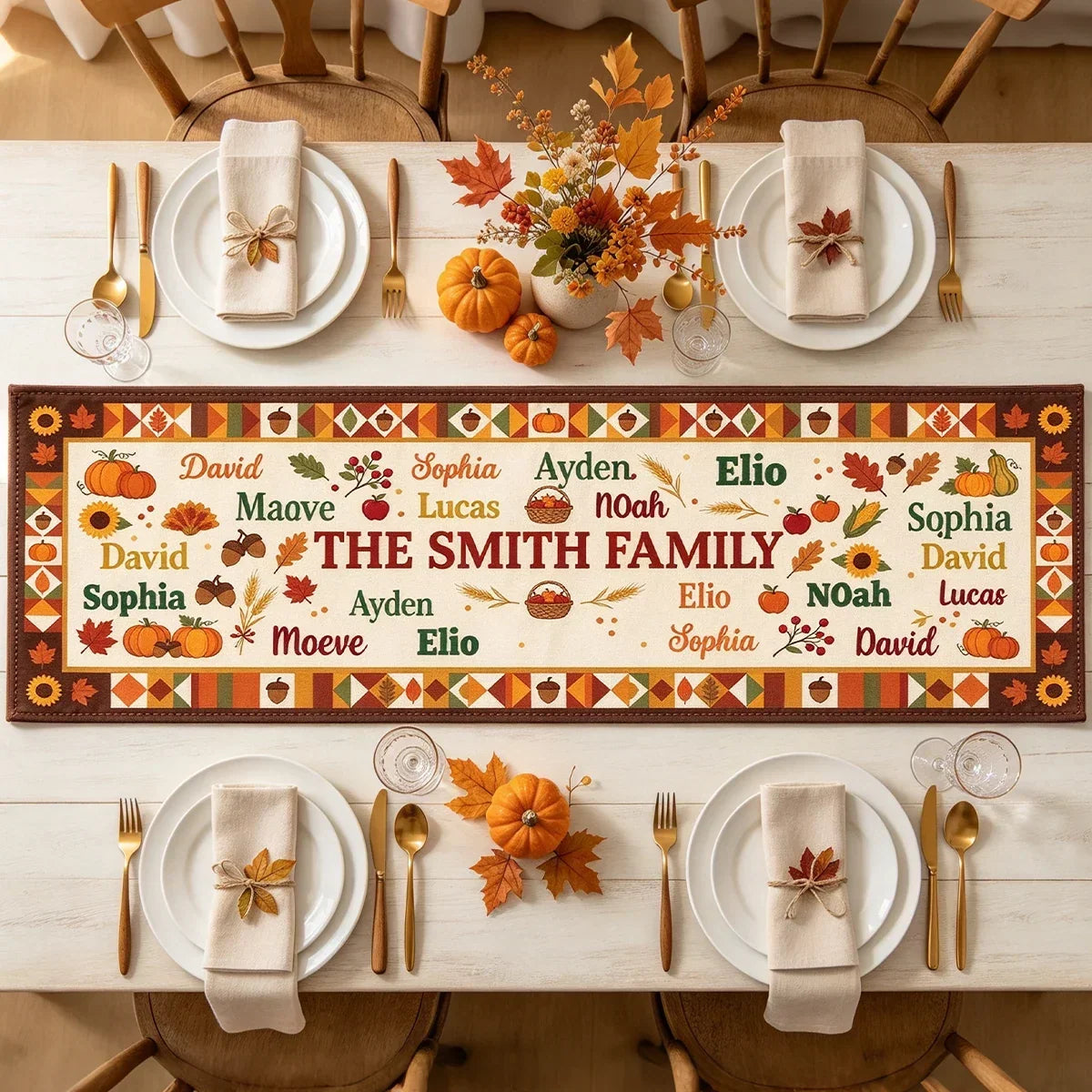 Personalized Fall Pumpkin Sunflower Family Table Runner