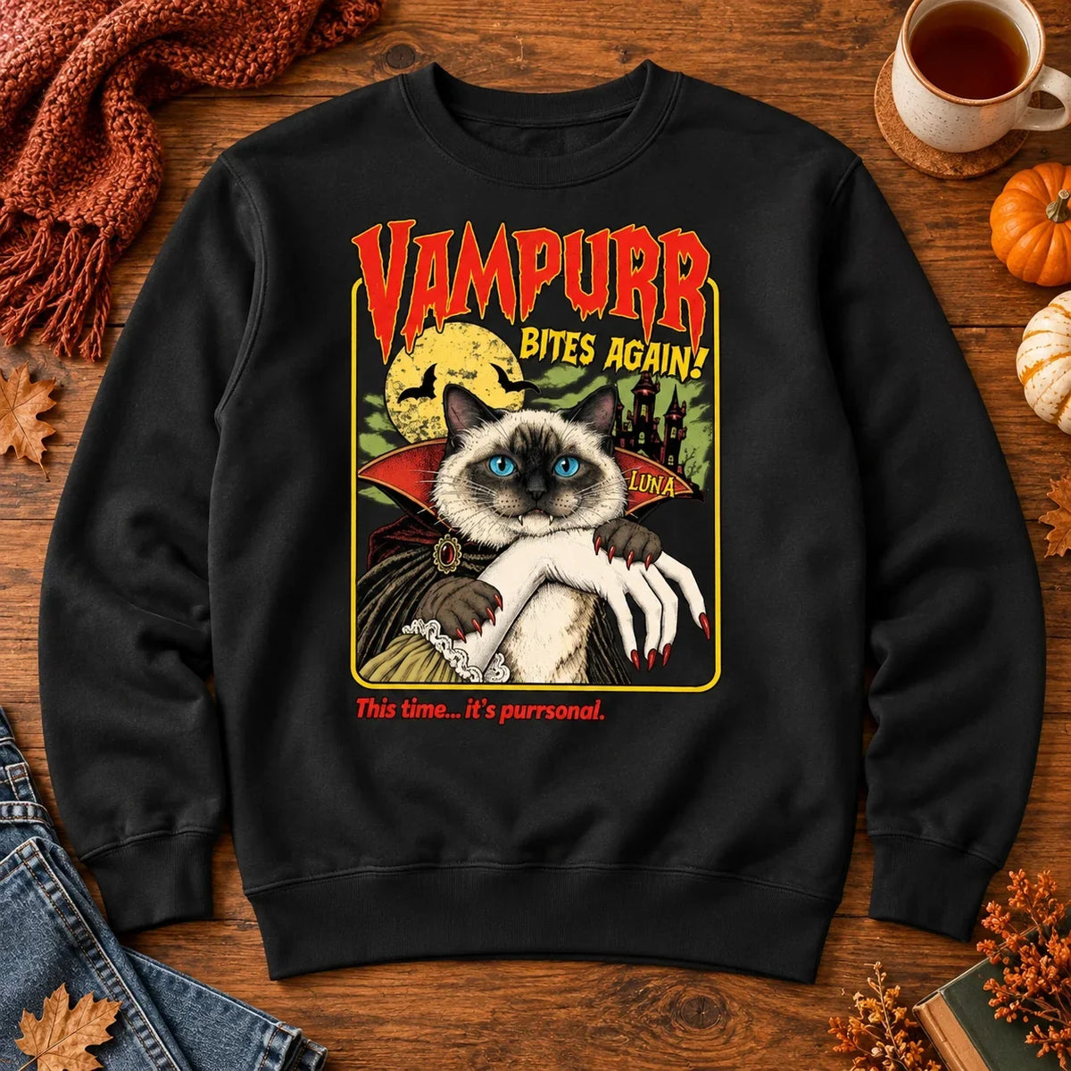Personalized Cat Sweatshirt, Playful Vampire and Haunted Castle Design, Creative Gift for Friends