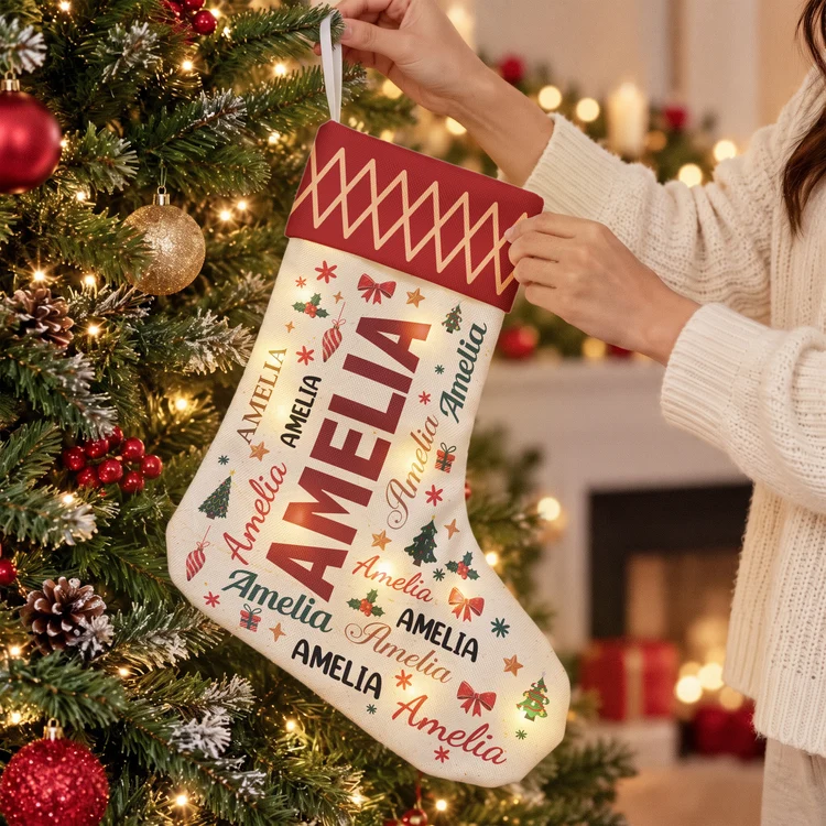 Personalized Festive Word Art LED Christmas Stocking