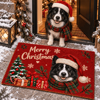 Personalized Christmas Doormat with Custom Pet Photo, Festive Santa Hat & Scarf Design, Unique Holiday Gift for Pet Lovers
