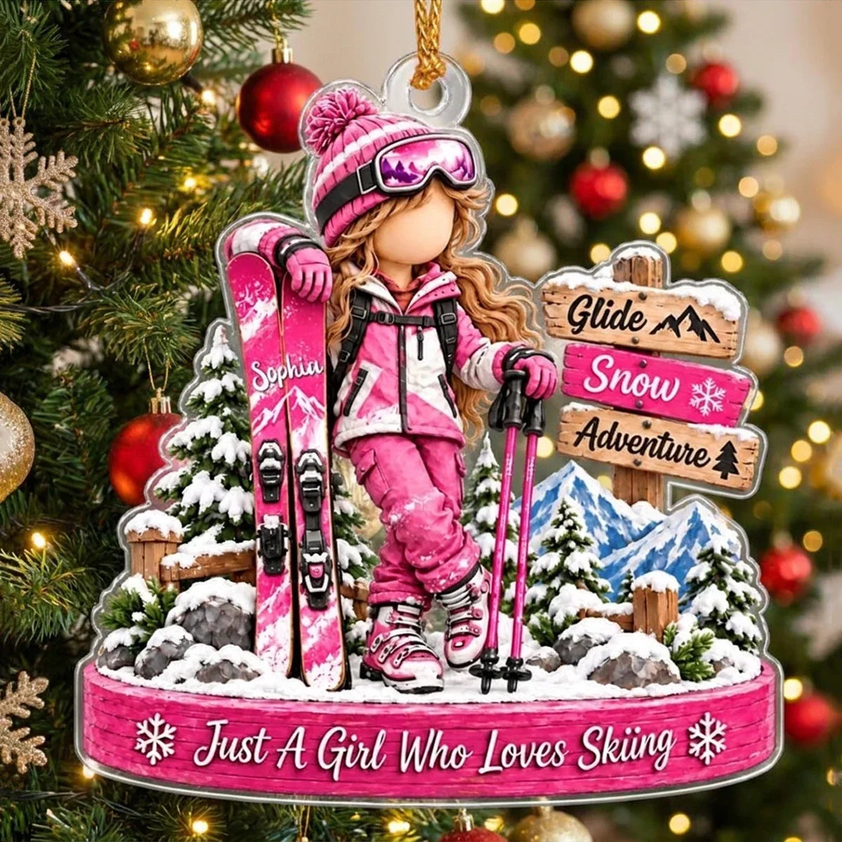 Personalized Skiing Christmas Ornament, Custom Name Boy or Girl Skier in Snowy Mountains, Winter Sports Gift for Ski Lovers