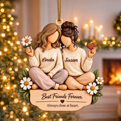 Personalized Best Friends Wooden Plaque with Hand-Carved Look and Cozy Illustrated Design, Custom Friendship Keepsake Gift