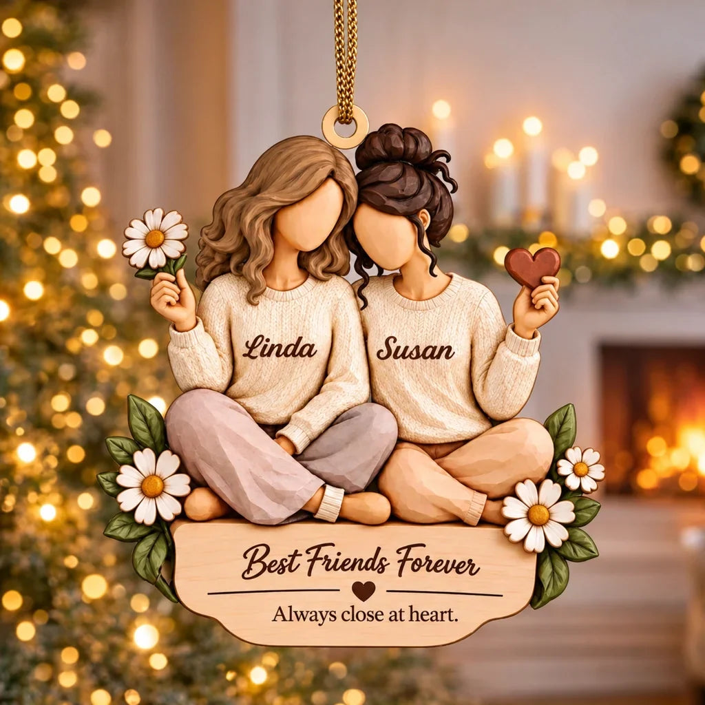 Best Friends Forever Personalized Wooden Ornament, Friends Sitting Close, Creative Heartfelt Gift for a Friend