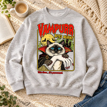 Personalized Cat Sweatshirt, Playful Vampire and Haunted Castle Design, Creative Gift for Friends