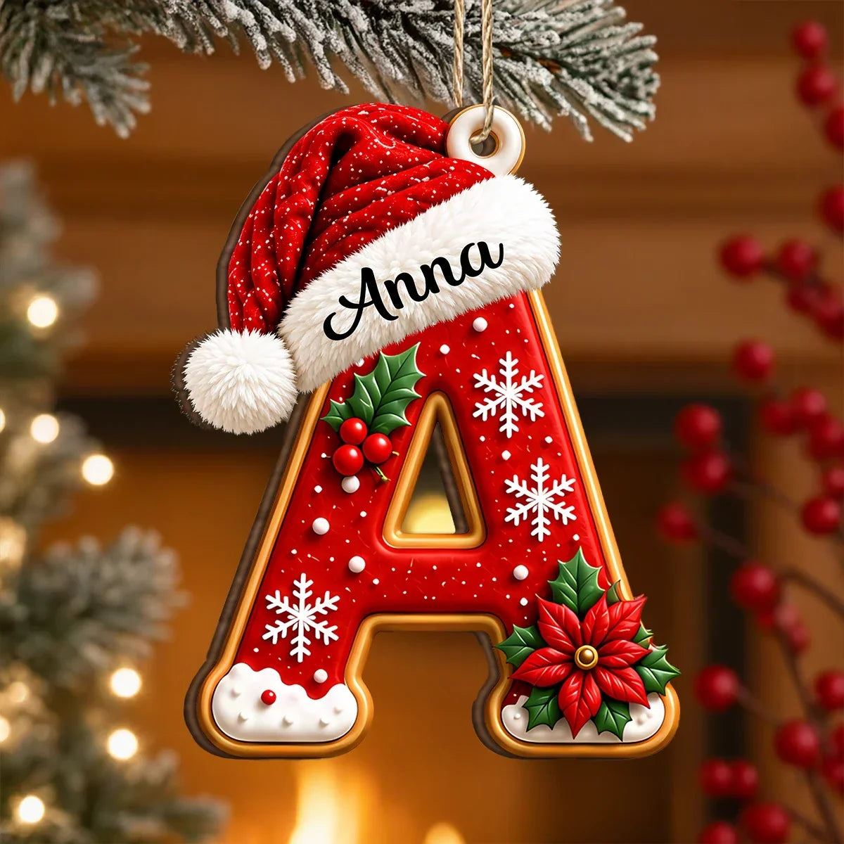Personalized Wooden Ornament with Santa Hat Letter Design, Festive Tree Decor, Unique Gift for Family
