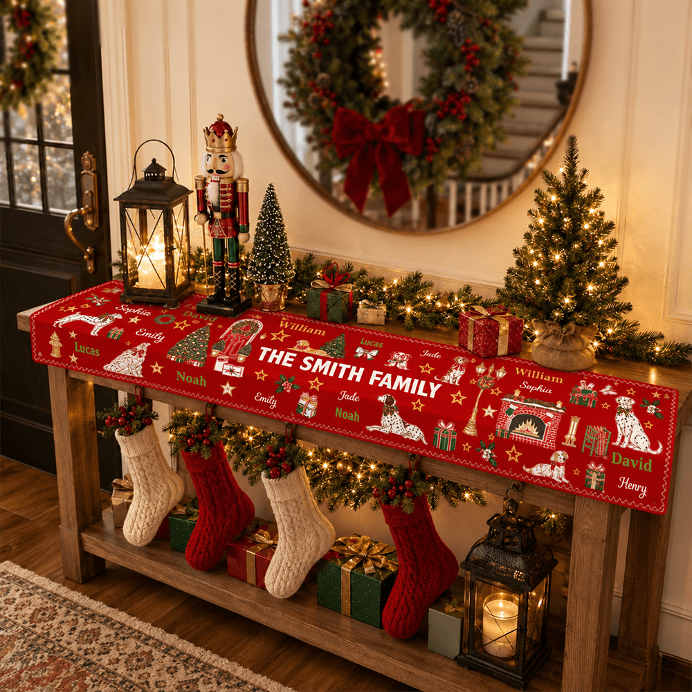 Personalized Festive Dogs Family Christmas Table Runner