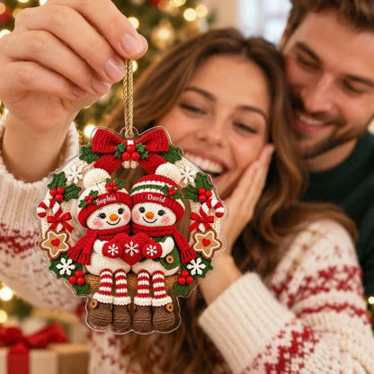 Personalized Crochet Style Snowman Couple Acrylic Ornament, Cute Christmas Wreath Decoration, Romantic Gift for Couples