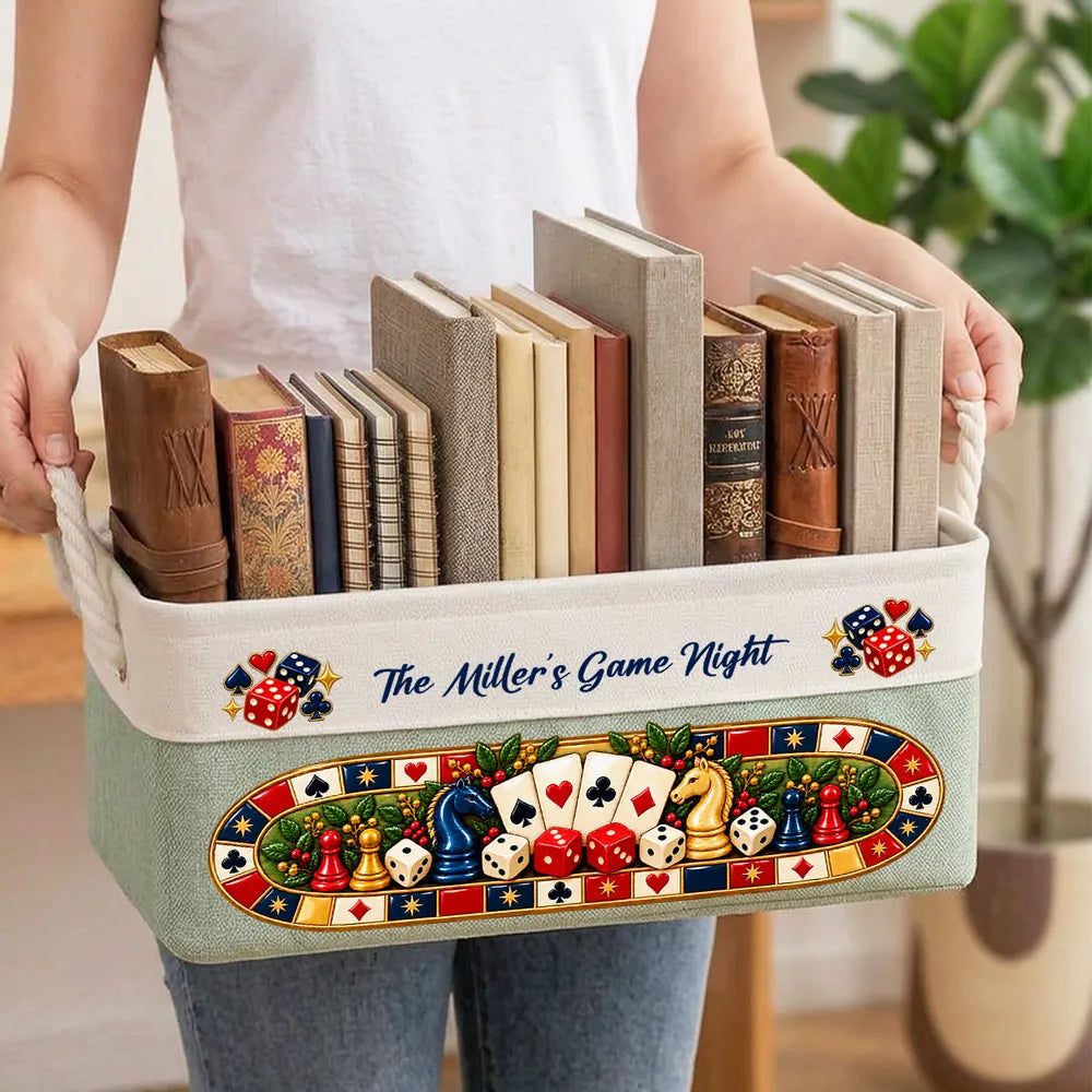 Personalized Cotton Linen Rope Basket, Family Playing Board Games, Unique Game Night Gift