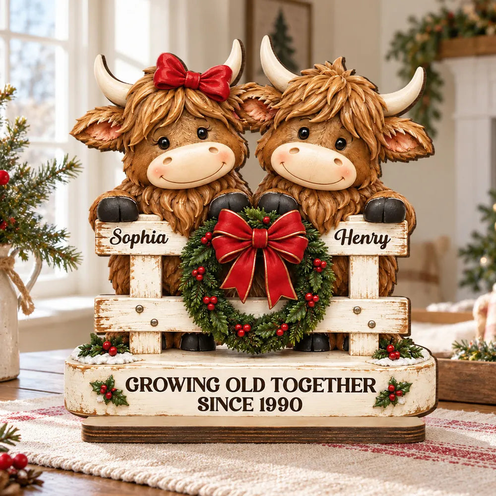 Personalized 2-Layer Wooden Plaque, Highland Cow Couple by a Christmas Fence, Unique Gift for Couples