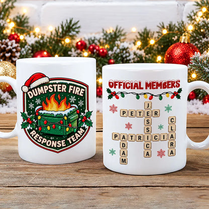 Personalized Mug with Funny Dumpster Fire Team Design, Red and Green Christmas Gift for Coworkers