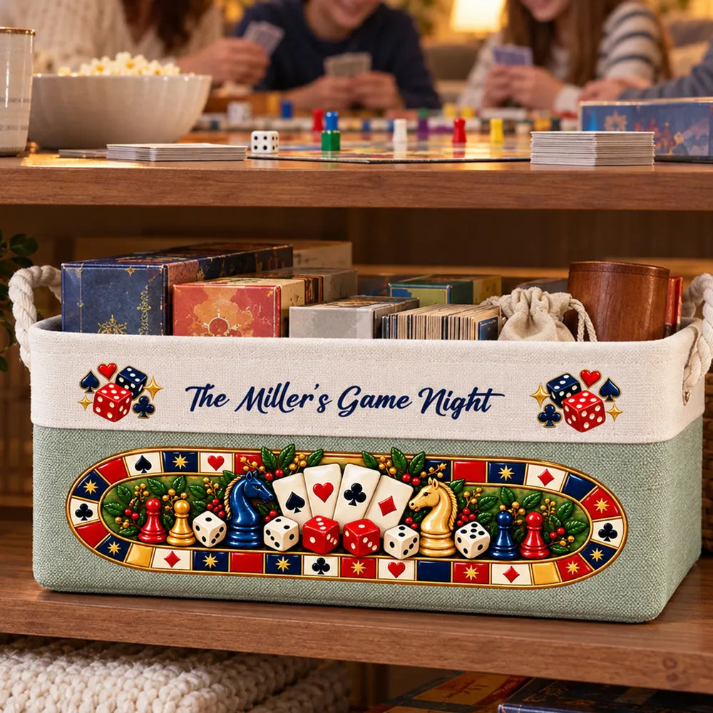 Personalized Cotton Linen Rope Basket, Family Playing Board Games, Unique Game Night Gift