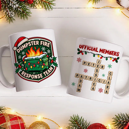 Personalized Mug with Funny Dumpster Fire Team Design, Red and Green Christmas Gift for Coworkers