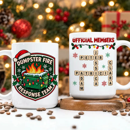 Personalized Mug with Funny Dumpster Fire Team Design, Red and Green Christmas Gift for Coworkers