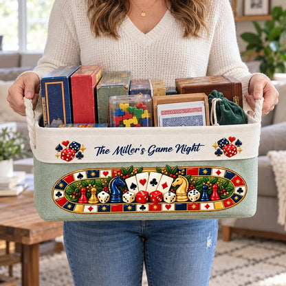 Personalized Cotton Linen Rope Basket, Family Playing Board Games, Unique Game Night Gift