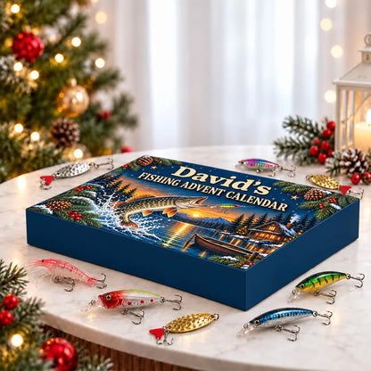 Sunset Fishing Advent Calendar, Personalized Leaping Fish on a Navy Winter Lake, Unique Christmas Gift for Anglers