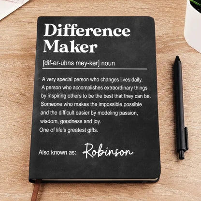 Personalized Leather Journal, Difference Maker Quote, Unique Gift for Teacher, Mentor or Coworker