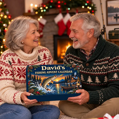 Sunset Fishing Advent Calendar, Personalized Leaping Fish on a Navy Winter Lake, Unique Christmas Gift for Anglers